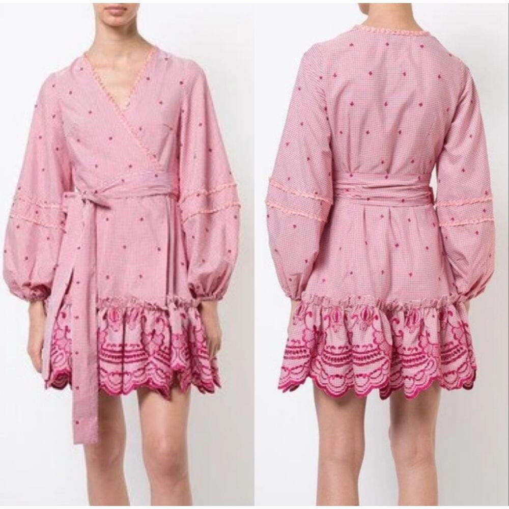 Alexis Alzena Red White Gingham Embroidered Wrap Mini Dress Size‎ XS